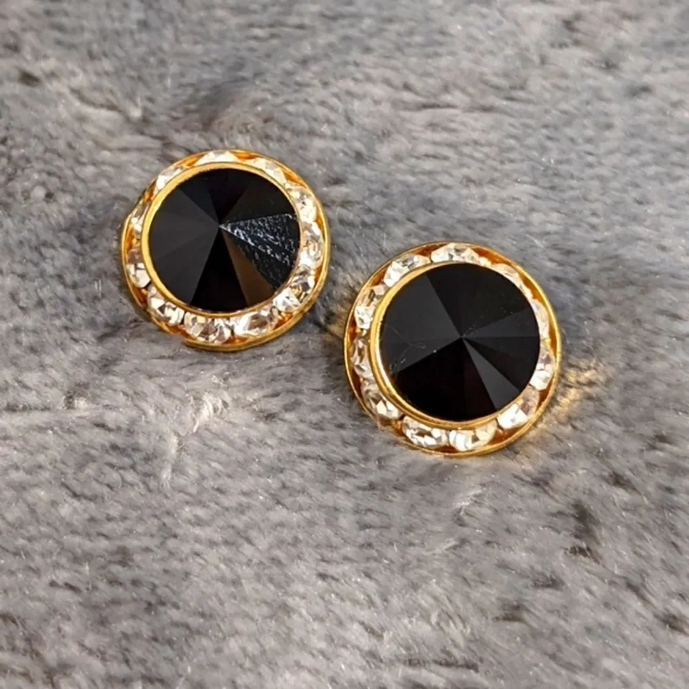 Vintage Eisenberg Ice Black & Clear Halo Crystal Button Pierced Earrings - Picture 3 of 10